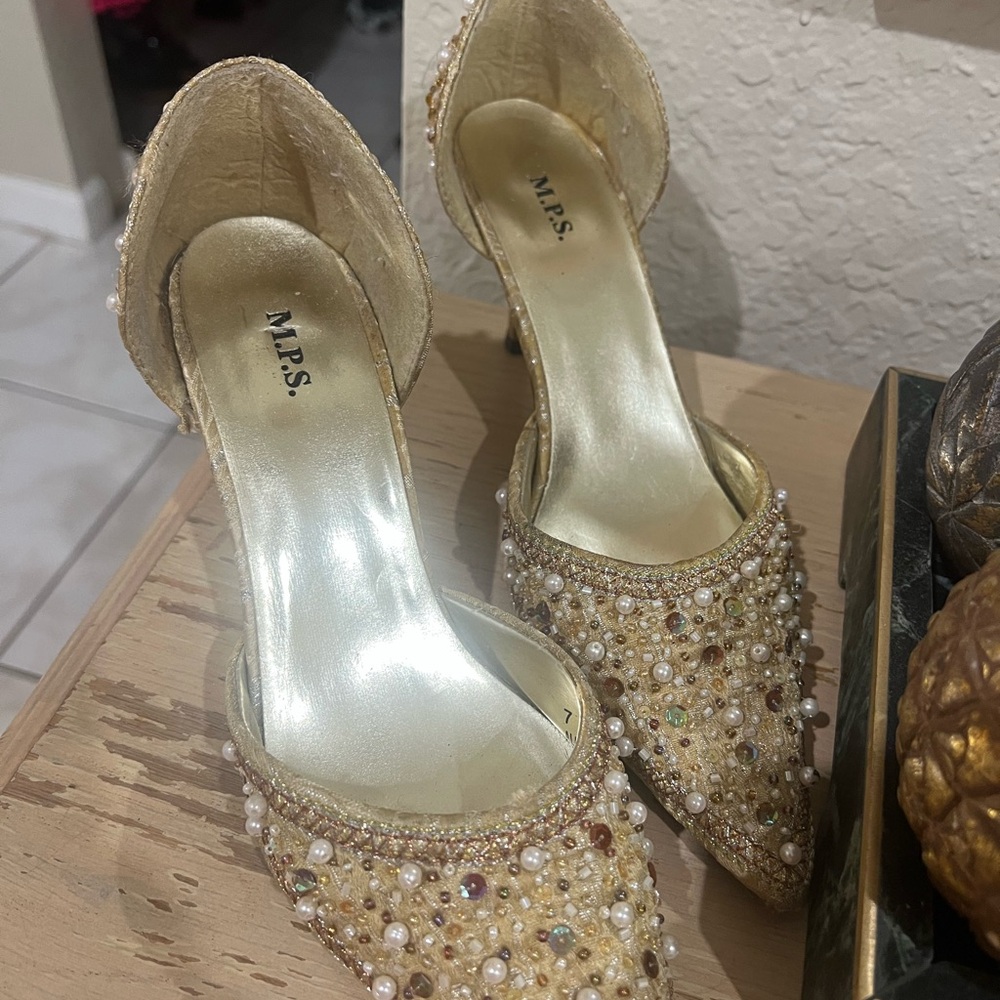 Bebe Gold Heels with Stiletto Design and Crystal Embellishments